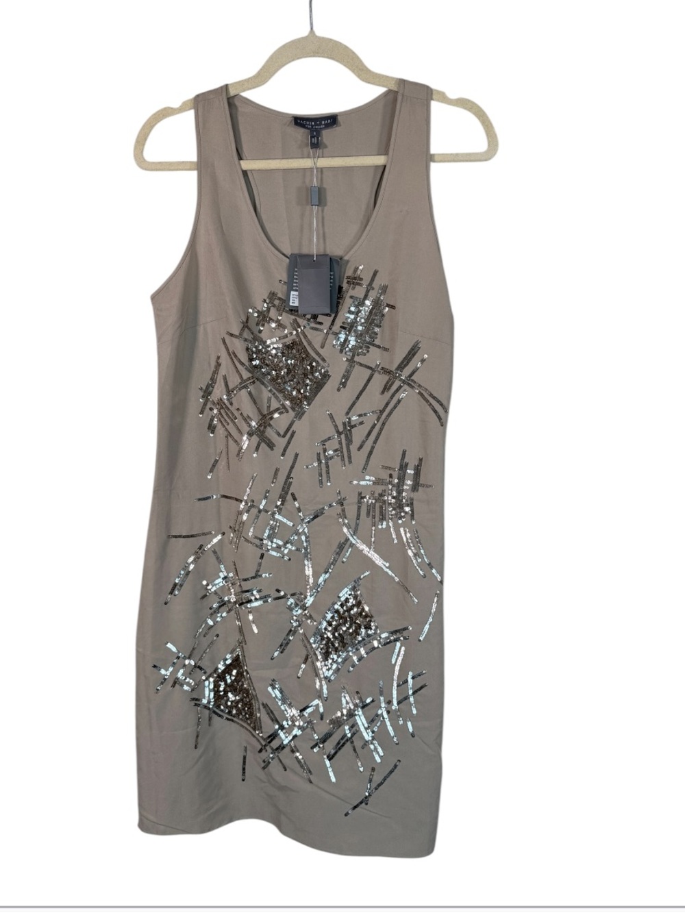 Sachin & Babi Beige Silver Sequined Mini Shift Dress Womens 8 Boho Sleeveless